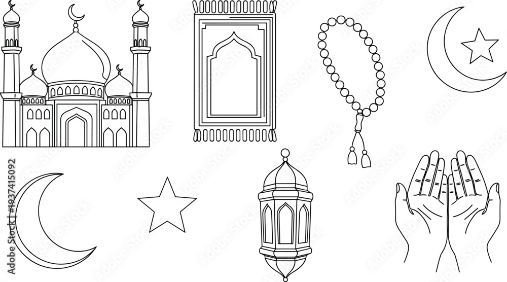 Fototapeta premium A collection of Islamic symbols and icons on transparent background