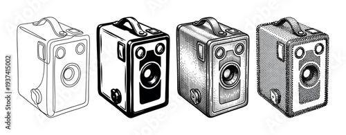 Four vintage box camera illustrations set showing different artistic styles from simple line art to detailed engraving and halftone dot pattern for a classic retro concept