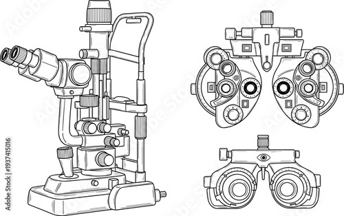 An optometrist's phoropter device with various parts on transparent background