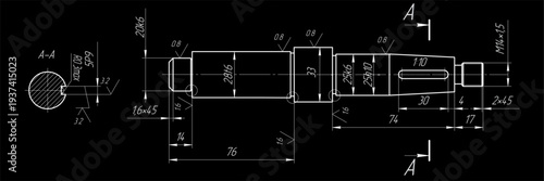 Assembly drawing of speed drive shaft. 
Vector cad scheme of part of steel mechanical device with dimension lines.
Engineering background. Technical template. 
Cross section.