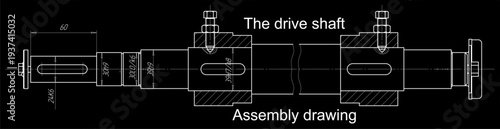 Assembly drawing of speed drive shaft. 
Vector cad scheme of part of steel mechanical device with dimension lines.
Engineering background. Technical template. 
Cross section.