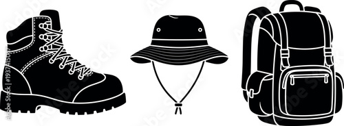 A set of hiking gear icons on transparent background