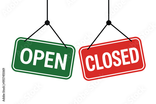 Open and Closed Signs Hanging Side by Side on Black Strings Against White Background