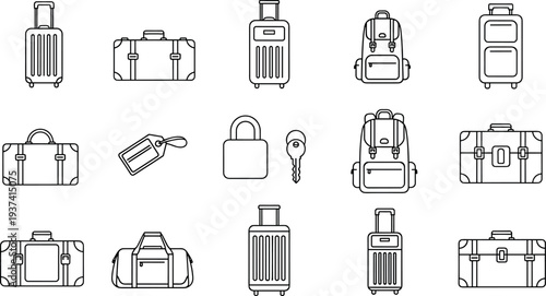 A collection of various luggage and travel bags on transparent background