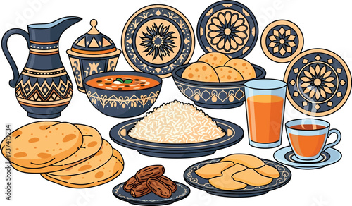 A traditional Middle Eastern meal setup on transparent background