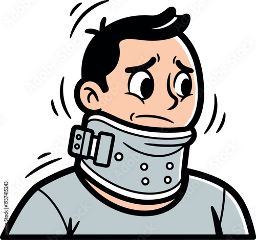A cartoon man wearing a neck brace on transparent background