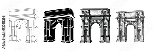Four historical triumphal arch vector illustrations in a set showing different graphic styles like line art, silhouette, engraving, and stippling