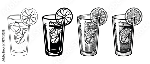 Set of four lemonade glasses with ice and a citrus slice, illustrated in various black and white graphic styles including line art, silhouette, engraving, and stippling