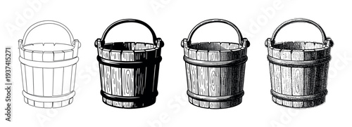 Set of four vintage wooden buckets illustrated in various graphic styles, including simple line art, solid black silhouette, detailed engraving, and stippling for a rustic look