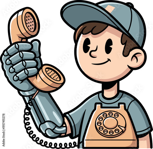 A cartoon boy holding a vintage rotary phone on transparent background