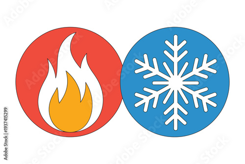 Two circular icons representing fire and ice symbolize the concept of extreme temperatures and contrast.