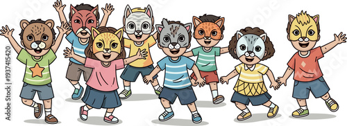 A group of diverse cartoon children wearing animal masks and casual clothes on transparent background