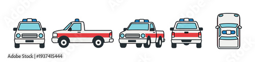 Emergency response pickup truck vector icon set showing the vehicle from front, side, rear, top, and three-quarter views in a flat cartoon illustration style