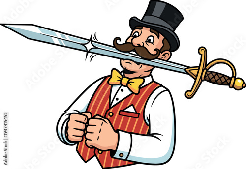 A cartoon man in a top hat holds a sword in his mouth on transparent background