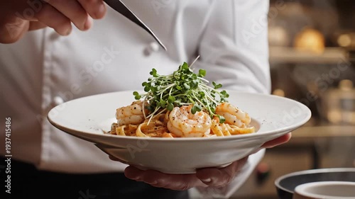 Chef delicately garnishing shrimp pasta with fresh microgreens using tweezers in a pristine kitchen setting
