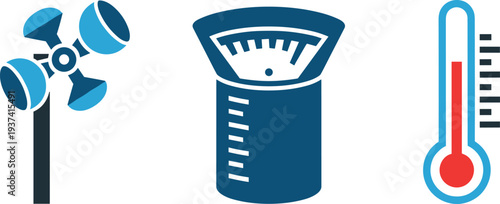Weather icons including anemometer scale and thermometer on transparent background