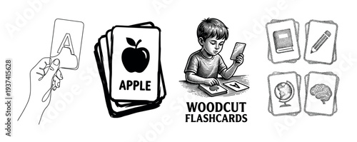 Collection of educational flashcard illustrations in various black and white styles including woodcut, line art, and stippling, depicting a child learning the alphabet