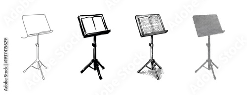 Set of four music stands illustrated in various artistic styles including continuous line, ink sketch, detailed engraving, and halftone dot pattern for musical concepts