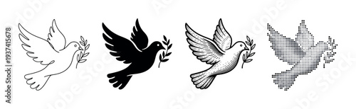 Collection of four dove illustrations holding an olive branch in various artistic styles including line art, silhouette, detailed engraving, and a halftone dot pattern