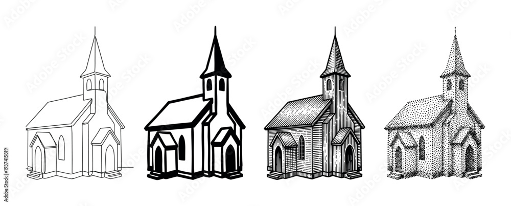 Fototapeta premium Set of four church building illustrations rendered in different black and white artistic styles, including continuous line drawing, solid silhouette, vintage engraving, and stippling