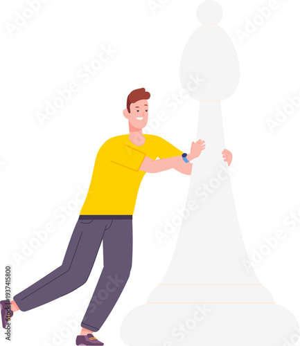 Guy moving chess piece. Professional performance planning