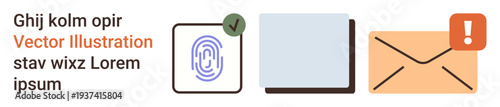 Cybersecurity, identity verification, secure messaging, data authentication, email communication, warning alerts. Icons include a fingerprint, verified documents, and an envelope with an alert sign