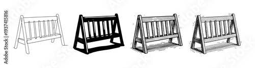 Garden swing bench illustration set with four distinct black and white graphic styles from simple outline and solid silhouette to detailed woodcut and retro halftone