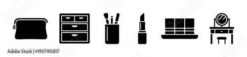 Set of black makeup and beauty icons showing a cosmetic bag, storage drawers, brushes, lipstick, eyeshadow palette, and a vanity table in a minimalist glyph style