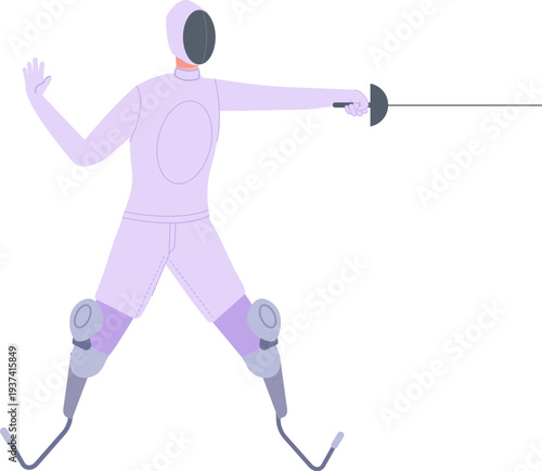 Fencing man with prosthetic legs. Disabled sport character