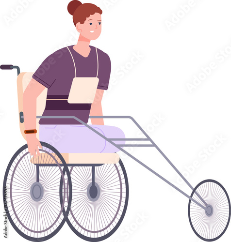 Racing wheelchair competition. Fast speed vehicle with happy woman