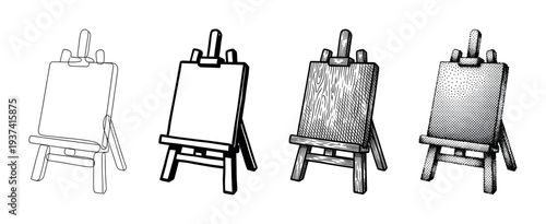 Four wooden artist easel illustrations in a set of different graphic styles including continuous line art, bold outline, detailed engraving, and retro halftone dot pattern