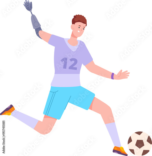 Soccer player with prosthetic hand. Man play football