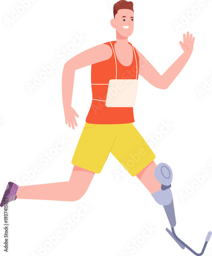 Marathon athlete with prosthetic leg. Happy smiling guy