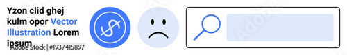 Online search, navigation systems, website troubleshooting, connectivity issues, data interpretation, error detection. Sad face with broken link icon and search bar. Online search and error detection