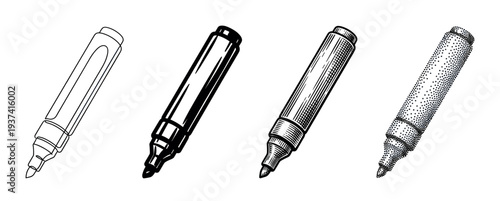 Collection of four felt-tip marker illustrations in black ink, showcasing different graphic styles from simple outline and bold icon to classic engraving and dotwork art