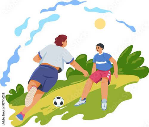 Family soccer game. Parent kid summer activity