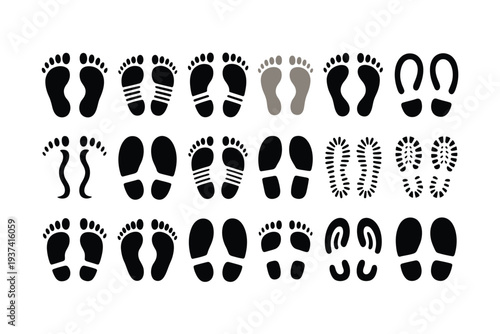 Various Footprints and Shoe Prints in Black and Gray on White Background
