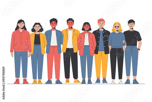 Diverse group of young adults standing together in colorful casual clothing and smiling