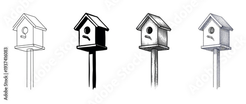 Four wooden birdhouse illustrations on posts rendered in a variety of artistic styles from simple line art and silhouette to detailed engraving and stippling techniques