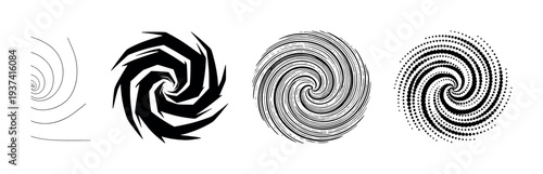 Set of four black spiral shapes in different graphic styles, including simple line art, a sharp vortex, a textured swirl, and a halftone dot pattern for design elements