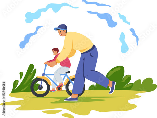 Dad teach son riding bicycle cartoon scene