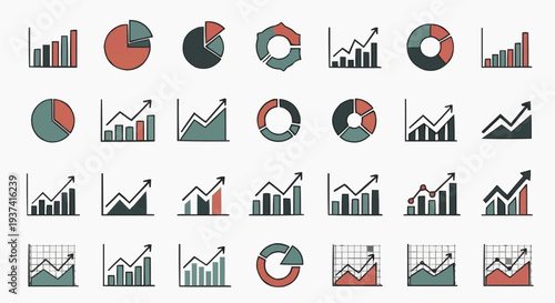 Data visualization showcasing financial trends and business statistics. Includes pie charts and bar graphs