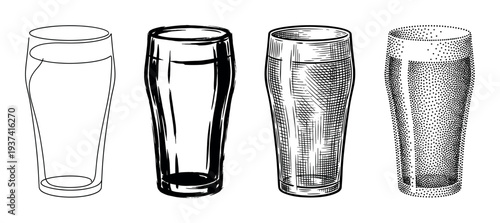 Four pint glasses of beer illustrated in different artistic styles including line art, bold ink brush, vintage engraving, and stippling, presented as a graphic design set