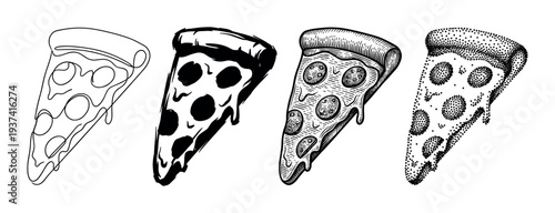 Four black and white pizza slice illustrations in different artistic styles, including line art, stencil, engraving, and stippling for a graphic design element set