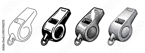 Set of four black whistle illustrations showing different artistic styles from simple line art and solid icon to detailed engraving and stippling for sports or coaching concepts