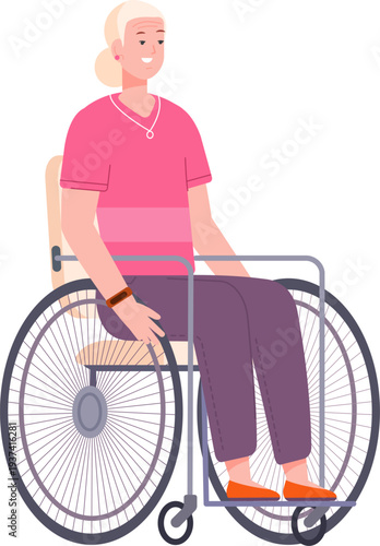 Old woman in wheelchair. Positive disabled female character