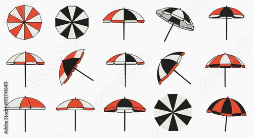 Collection of beach umbrellas, each showcasing diverse designs and arrangements
