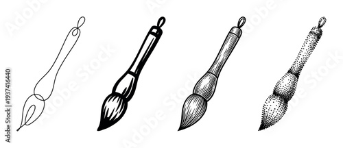 Four distinct black and white paintbrush illustrations showcase various artistic drawing styles, from a simple continuous line to bold outlines, detailed engraving, and intricate stippling
