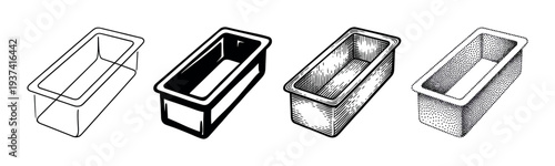 Four rectangular open containers depicted in diverse black and white graphic styles, including outline, solid fill, hatching, and stipple, presented from an angled, elevated perspective