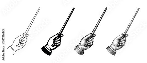 Four distinct black and white illustrations of hands holding pointer sticks, each rendered in a unique artistic style including line art, solid fill, engraving, and stippling